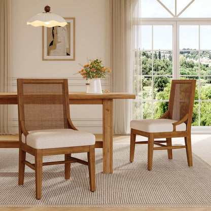 Christopher Knight Home Relinga French Country Upholstered Dining Chairs Set of 2, Wooden Dining Room Armless Chair with Cane Backrest, High Back Kitchen Side Chair, Beige+Walnut
