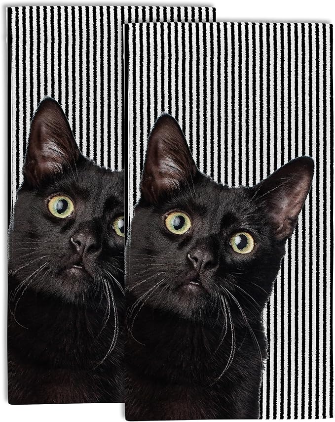 Cute Black Cat Hand Towel for Bathroom Set of 2, Cat on Black White Stripes
