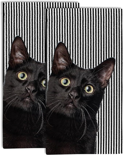 Cute Black Cat Hand Towel for Bathroom Set of 2, Cat on Black White Stripes
