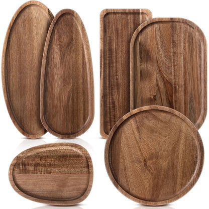 Rtteri Set of 6 Acacia Wood Serving Platters Wooden Plates Solid Wood Serving Tray Charcuterie Board for Kitchen Dinner Food Cheese Appetizer Dessert Snack BBQ Picnic Party Favors Housewarming Gifts