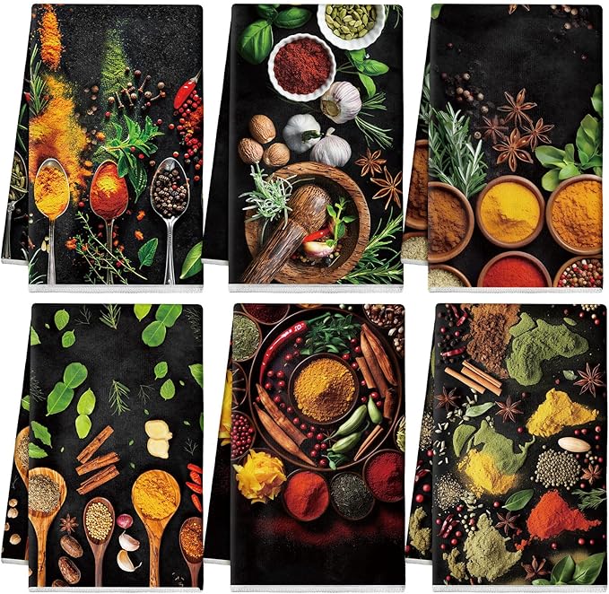 Breling Set of 6 Colorful Spices Kitchen Towels Microfiber Dish Towel