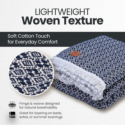 Gold Case Throw Blanket for Bed - 100% Recycled Turkish Cotton Blanket - Retro Lightweight Soft Throw Blankets for Bed & Living Room - Queen Size Cozy Blankets - 90x90 - Navy Blue
