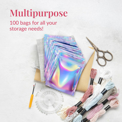 Prestee 100 Pack Mylar Bags 4x6 - Resealable Holographic Bags with Window - Smell Proof Mylar Bag for Food Storage, Candy Bag, Packaging Bags for Small Business, Snacks, Coffee, Herbs, and More