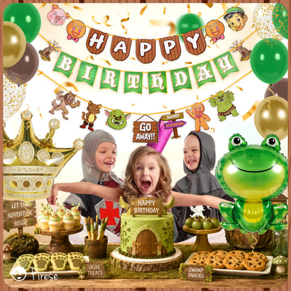 Pirese Ogre Birthday Decorations, Swamp Birthday Party Decorations Kit with Pre-Strung Happy Birthday Banner, Frog & Crown Foil Balloons, Latex and Confetti Balloons, Ogre Party Supplies