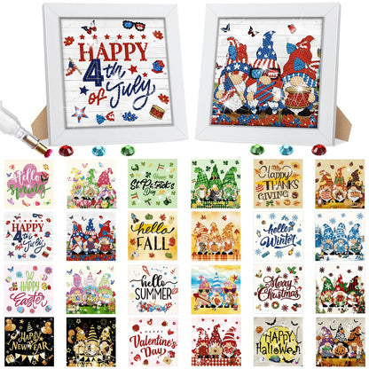 Trandraft 13 Pcs Gnome Seasonal Diamond Art Kits for Adults 250th Anniversary Favor Interchangeable 5d Small Diamond Art Kits Framed Gem Painting for Holiday Table Decor DIY Craft 4th of July Gift