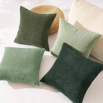 Topfinel Light Green Decorative Throw Pillow Covers Green Series,Winter Fluffy Corduroy Striped Euro Pillows Shams for Couch Bed Bedroom,Western Modern Hunter Green Pillowcase 20x20 Inch Set of 4