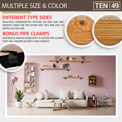 TEN49 Real Wood Rustic Floating Shelves Wall - 24 Wide Small Wooden Industrial Pipe Shelving - Farmhouse Pipe Wall Shelves Furniture Bathroom Decor Art Shelf Kitchen - Light Walnut Color - Set of 2