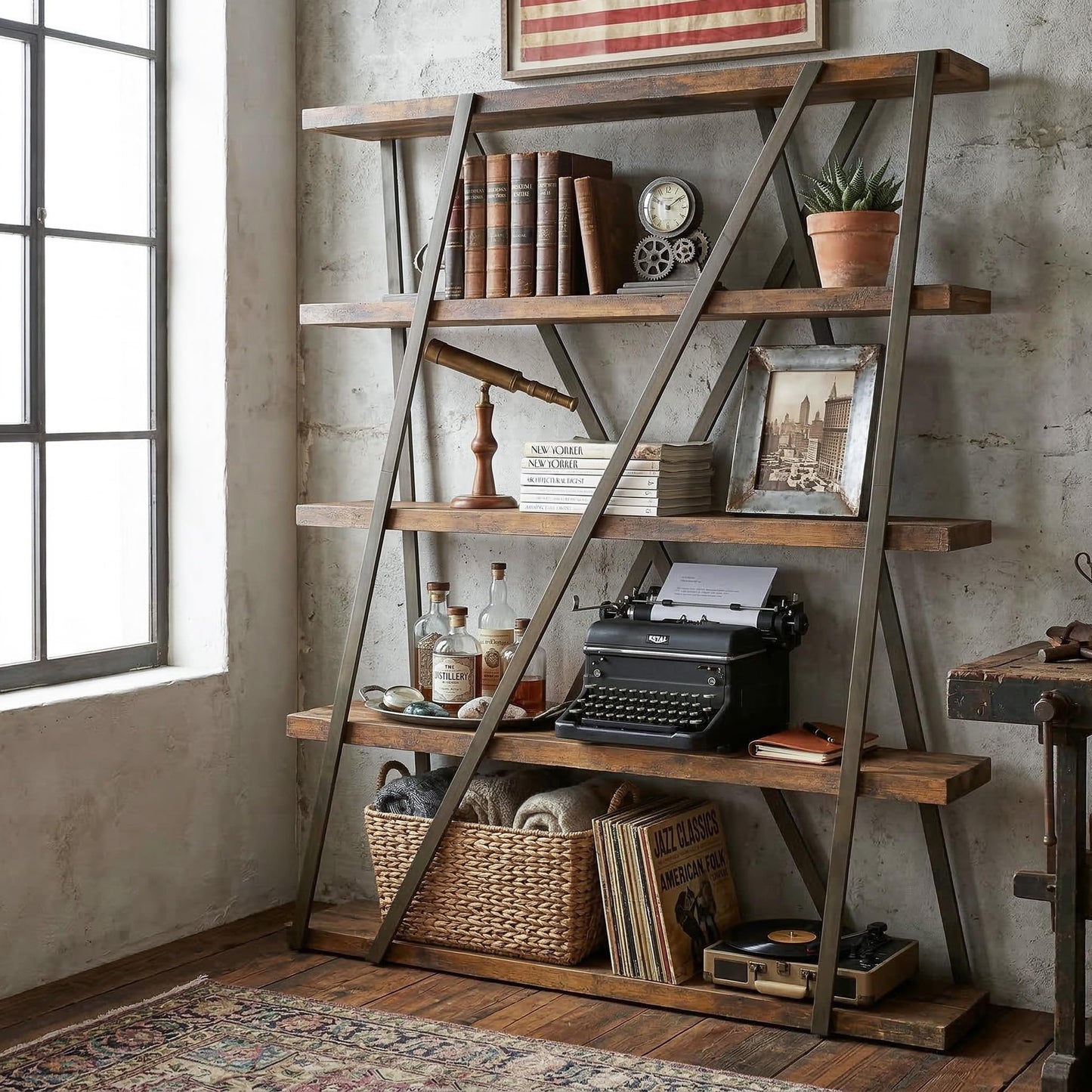 FUSUNBAO 67" 5-Tier Wood & Metal Tall Bookshelf for Home Office,Retro Brown