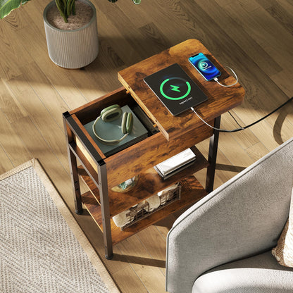 WLIVE End Table with Charging Station, Flip Top Narrow Side Table with Storage Shelf, Small Nightstand with USB Ports and Outlets,Bedside Table for Living Room, Bedroom,11.81" D x 23.62" W x 24.33" H