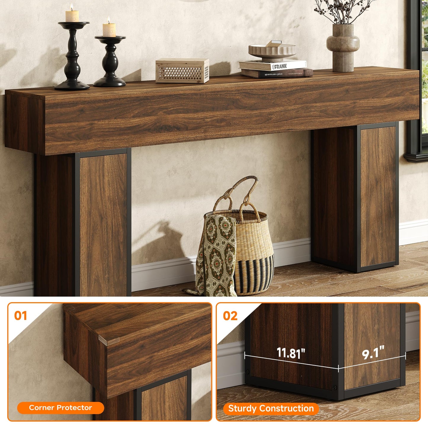 knoworld 70.9-Inch Long Console Table, Wooden Sofa Table Behind Couch Tables, Farmhouse Entryway Table Accent Table for Entrance, Hallway, Living Room, Foyer, Rustic Brown