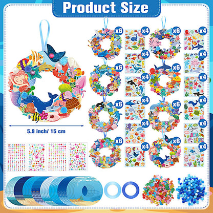 Hollowfly 48 Sets Summer Ocean Wreath Craft Kits DIY Under The Sea Wreath Hanging Ornaments Ocean Make Your Own Paper Craft with Stickers for Home Summer Sea Beach Party Favors Activities