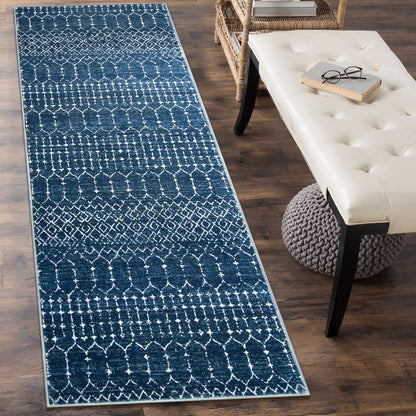 Lahome Moroccan Washable Kitchen Runner 2x8 Carpet Runners for Hallway 8Ft Low-Profile Non-Slip, Indoor Geometric Print Distressed Rug for Entryway Laundry Room Foyer Hana, Blue