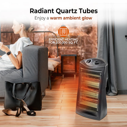 Comfort Zone Space Heaters for Indoor Use, Portable Electric Heater, Adjustable Thermostat, Infrared Heat, Quartz Tower Space Heater with 2 Heat Settings, Bedroom Heater, Black