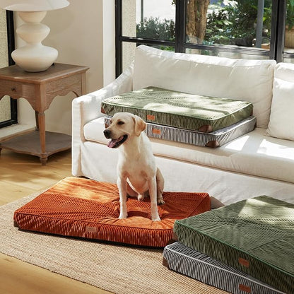 FUKUMARU Dog Bed, Thickened Corduroy Orthopedic Dog Beds with Washable Cover, Large Waterproof Dogs Bed for Crate, 28D Egg Crate Foam Support Pet Mat, Cozy Pet Bed Pad with Anti-Slip Bottom, Orange