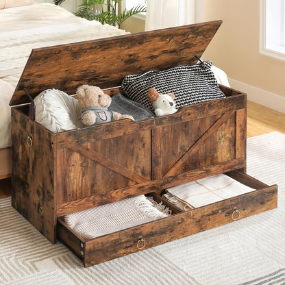 HOOBRO Storage Chest, 39.3" Toy Chest with Drawer, Wooden Storage Bench, Sturdy Entryway Bench Supports 220 lb, Shoe Bench, Safety Hinge, U-Shaped Opening, Easy Assembly, Rustic Brown FG710CW01G1