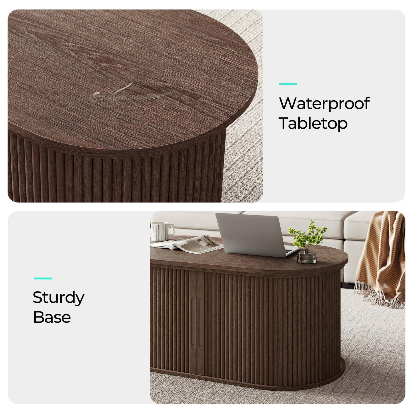 LINSY Lift Top Coffee Table, Oval Fluted Coffee Table with Storage, Mid Century Modern Wooden Coffee Tables with Sliding Tambour Door, 39" Center Table for Living Room, Office, Small Space, Walnut