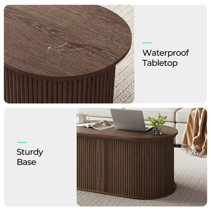 LINSY Lift Top Coffee Table, Oval Fluted Coffee Table with Storage, Mid Century Modern Wooden Coffee Tables with Sliding Tambour Door, 39" Center Table for Living Room, Office, Small Space, Walnut