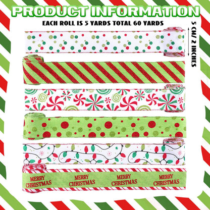 Suncalla 6 Rolls 32 yd Christmas Wired Ribbons 2 Inch Glitter Lime Green Stripe Christmas Ribbon Red and Green Polka Dot Bow DIY Crafts for Xmas Tree Wreaths Decor Xmas Gift Wrapping Home Decoration