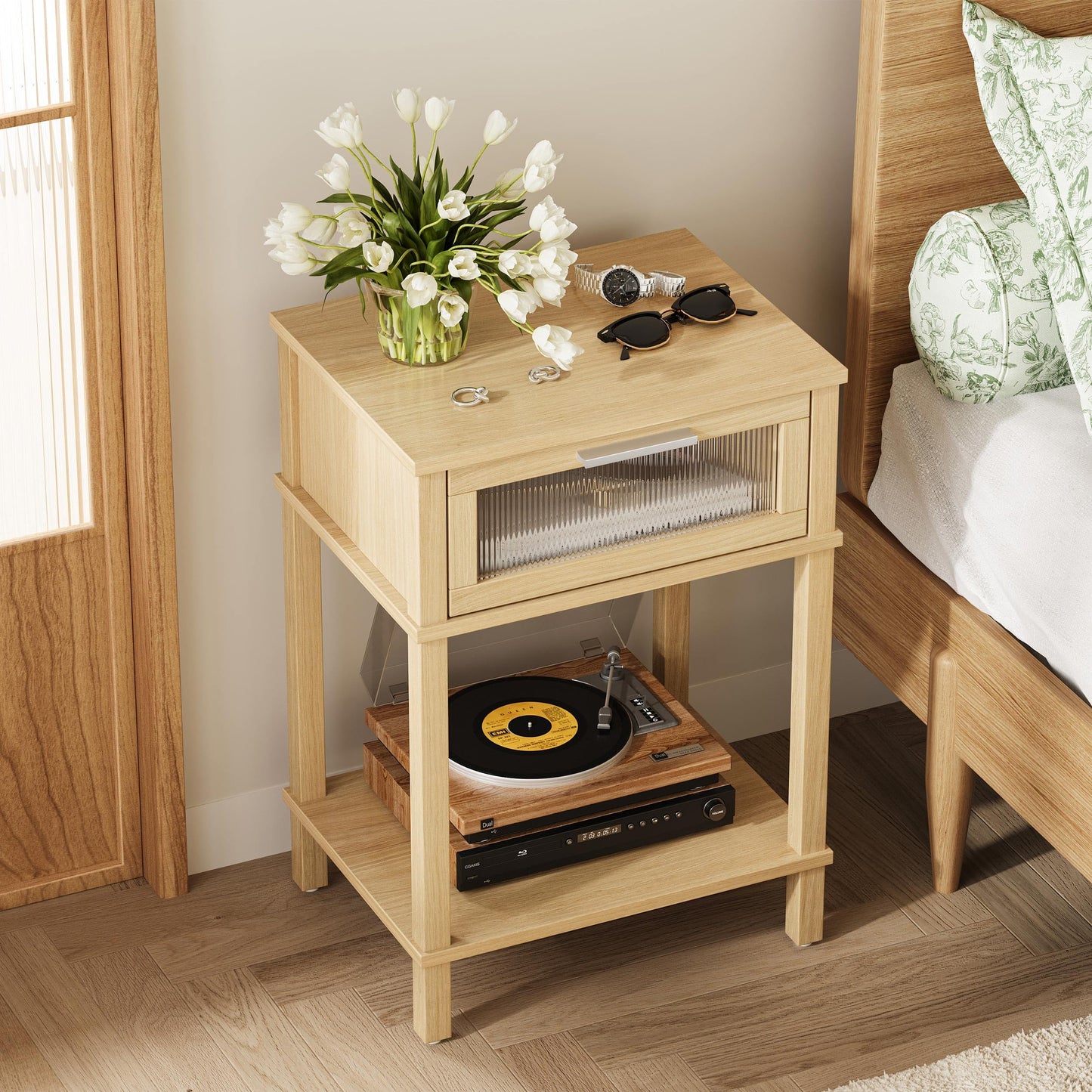 Nightstand Wooden Bedside Table with Drawer Natural Wood Night Stands Modern Style Small End Table Side Table with Storage Shelf for Bedroom Living Room MLBZ10YEV