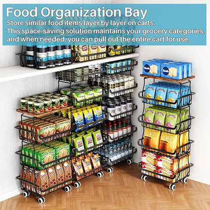 6 Tier Pantry Organizers and Storage Vegetable Fruit Basket for Kitchen, Stackable Flexible Design (3+3, 4+2, 5+1,6+0) Pantry organizers and storage for Kitchen Bathroom Livingroom Laundry Room Cart