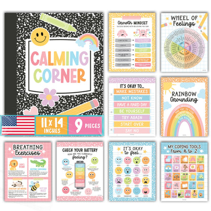Hadley Designs 9 Calming Corner Posters for Classroom Must Haves - Calm Down Corner Supplies with Emotions Chart, School Counselor Mental Health Poster, Feelings Chart For Kids, Pastel Classroom Decor