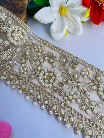 Luxury Pearl Embellished Lace Trim, 3 Inch Wide, Beaded Floral Pattern, Champagne Gold with Faux Pearls, Wedding Dress Decoration, Available in 1, 3 and 6 Yard (1)