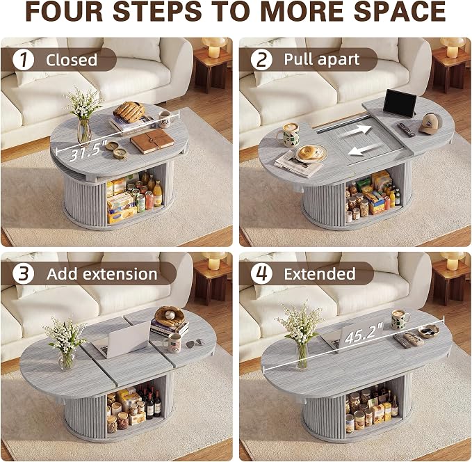YESHOMY 45.2" Extendable Coffee Table with Storage, Fluted Oval Coffee Table with Sliding Door, Mid Century Modern Center Table for Living Room, Gray