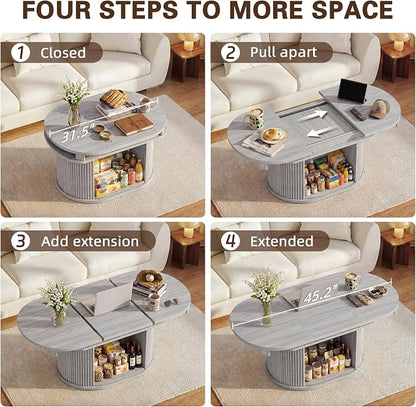 YESHOMY 45.2" Extendable Coffee Table with Storage, Fluted Oval Coffee Table with Sliding Door, Mid Century Modern Center Table for Living Room, Gray