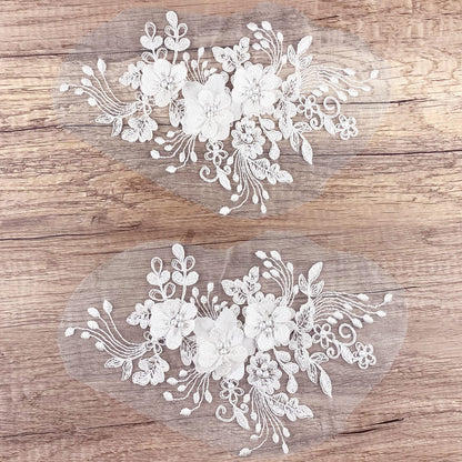 2Pcs Pearl Flower Embroidery Lace Patches 3D White Floral Embroidered Sew on Appliques for Wedding Dress Gown Headpiece Clothing Accessories Home Decoration Craft DIY