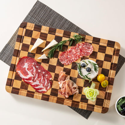 FYCTIO Wooden Cutting Boards for Kitchen, Checkered Cutting Board 1.2" Thickened, Walnut Chopping Board with Juice Grooves & Handles, Double-sided Butcher Block with Gift Box, 17" x 12"