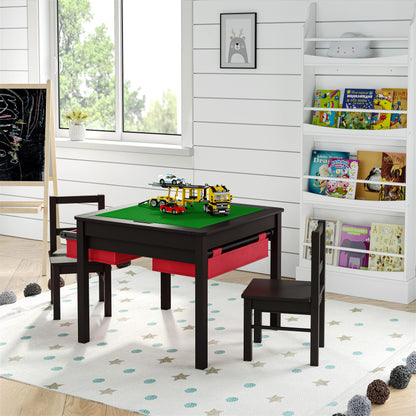 UTEX Wooden 2 in 1 Kids Construction Play Table and 2 Chairs Set with Storage Drawers, and Built in Plate Compatible with Lego and Duplo Bricks(Espresso with Red Drawers)