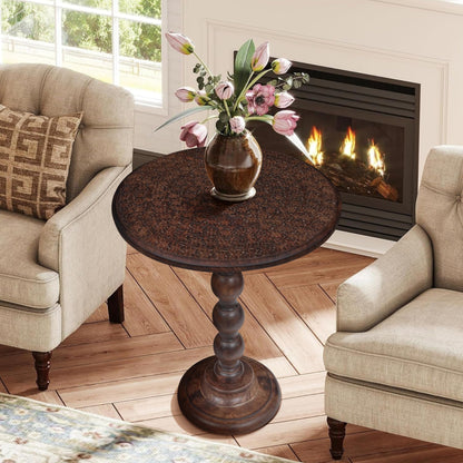 Side Tables Round – Small Drink Table for Small Spaces, Modern Accent Nightstand with Hand-Carved Top & Solid Wood Tables for Living Room, Bedroom, Office – Scorch Burnt Finish_18x22 Scorch Burnt