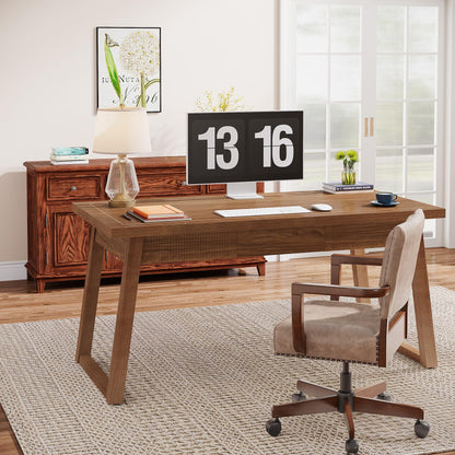 Tribesigns Home Office Executive Desk: 55 Inches Wooden Computer Desk with Drawer, Mid-Century Modern Study Writing Table, Rustic PC Laptop Desk Workstation Furniture, Walnut Brown