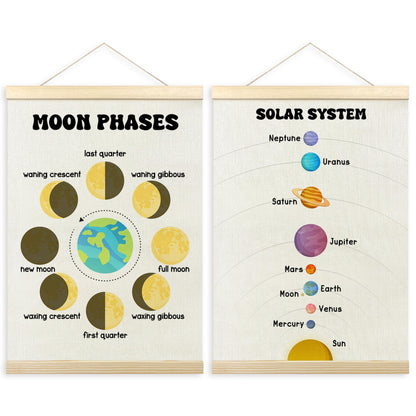 TLESKE Classroom Moon Phases Solar System Space Poster Hanger Frame Set of 2, Homeschool Hanging Wall Art Room Decor for Toddlers Kid Nursery Playroom, Preschool Prek Learning Educational Print, 12x16