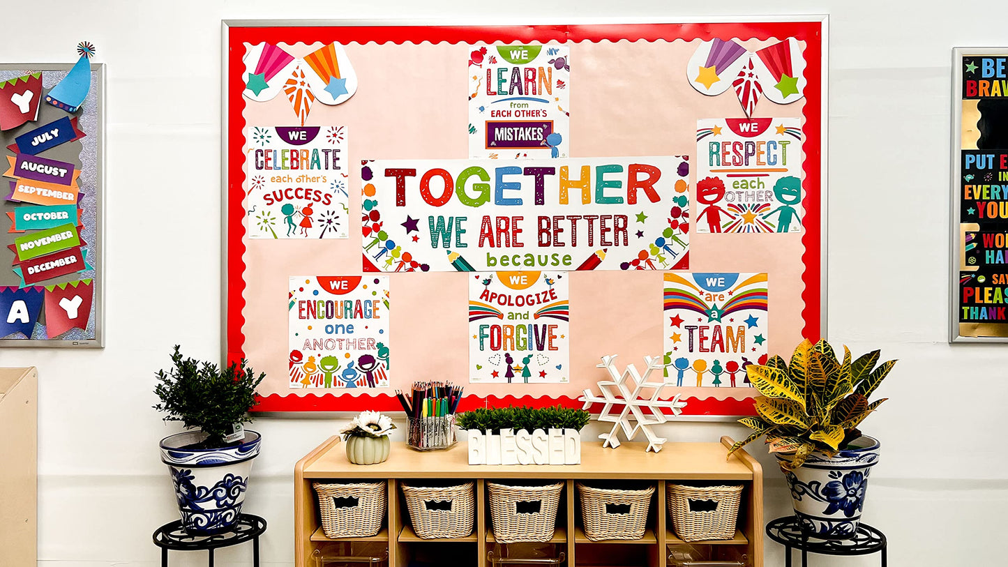 Sproutbrite 7 Educational Posters & Charts - Big Banner 13.5" x 39" Smaller 12" x 13.5" - Together We Are Better Banner & Teacher Posters - Bulletin Board and Wall Decor for Pre, Elementary and Middle School - Promotes Respect, Teamwork, and Positive Clas