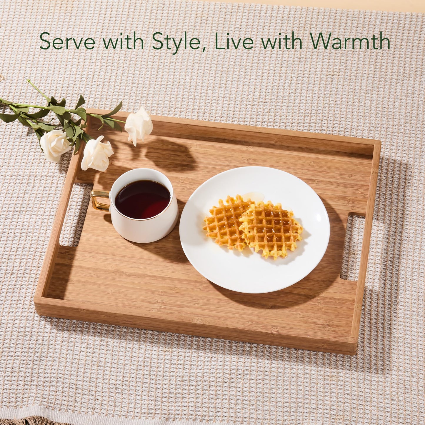 DETOR Bamboo Serving Tray 17" x 13", Non-Slip Ottoman Tray with Light Walnut Finish, Decorative Coffee Table Tray for Food, Drinks & Home Décor