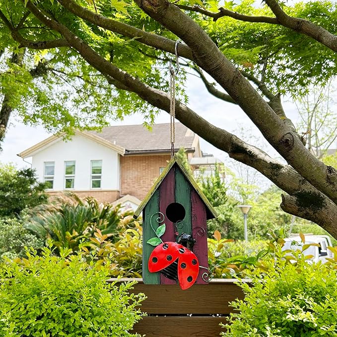 Wood Bird Houses for Outside, Hanging Bluebird House Nest Box Garden Patio Outdoor Decorative Bird Houses Vintage Rustic Wooden Birdhouse Bird Box Home for Finch Wren Chickadee Cardinals (Ladybug)