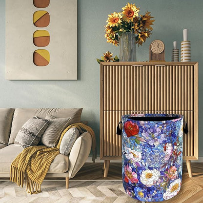 Blue Flowers Laundry Basket Glass Colorful Floral Foldable Funny Laundry Hamper