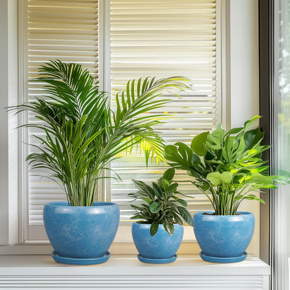 EPFamily Ceramic Plant Pots - 10+8+6 Inch Modern Round Planters for Indoor Outdoor with Drainage Holes and Plant Saucers, Room Patio House Office Decor, Gardening Gifts for Women Men, Set of 3, Blue