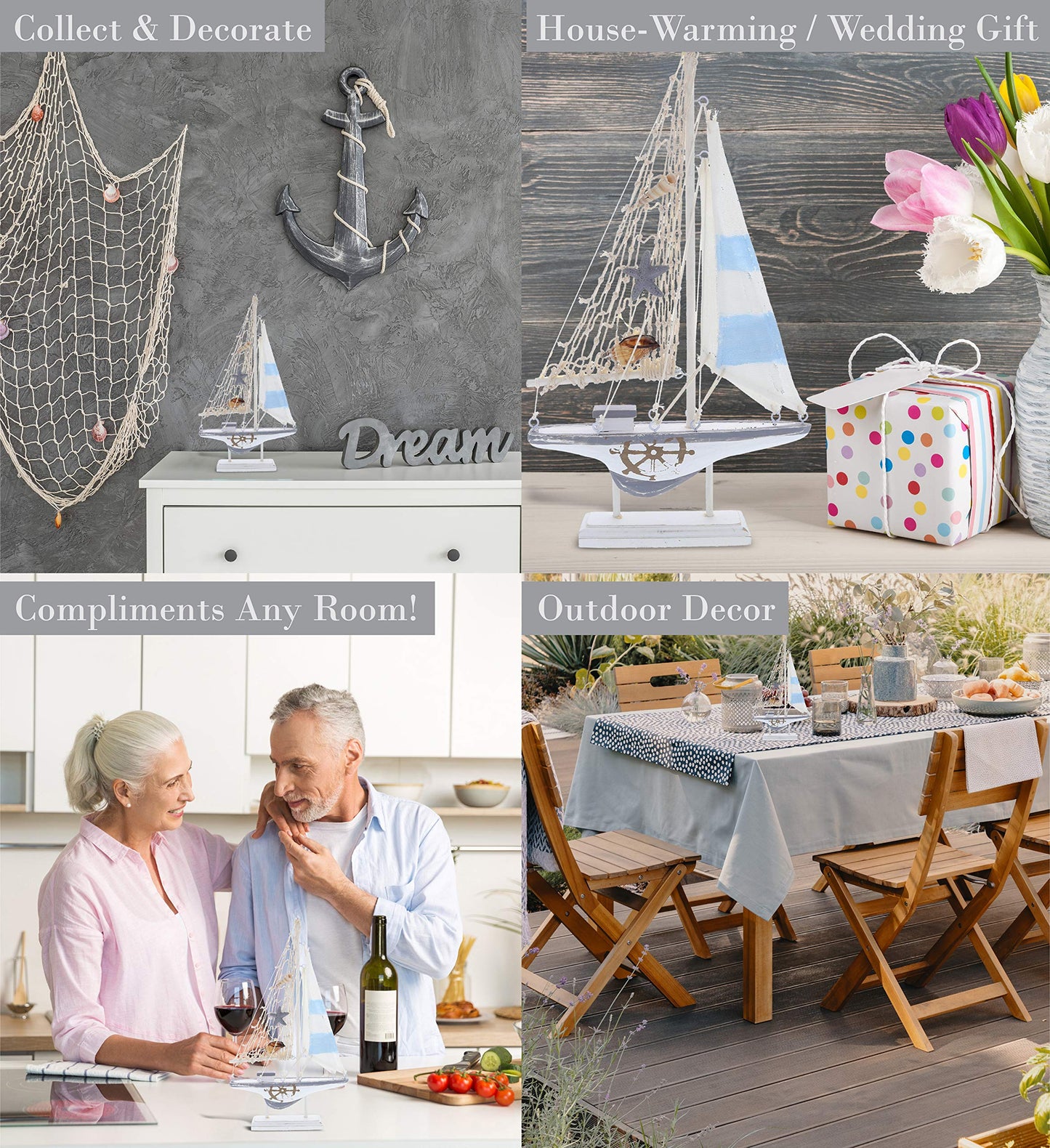 CoTa Global Moonlight Sailboat - Handmade Wooden Sail Boat Decor, Cute Beach Style Model, Nautical Themed Table Top Living Room Centerpiece - 12.5 Inch