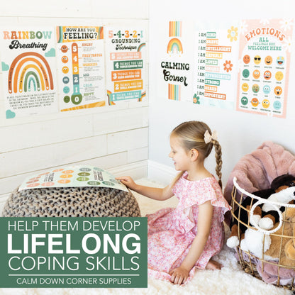 Hadley Designs 8 Calming Corner Posters for Classroom Must Haves - Calm Down Corner Supplies with Emotions Chart, School Counselor Mental Health Poster, Feelings Chart For Kids, Retro Classroom Decor