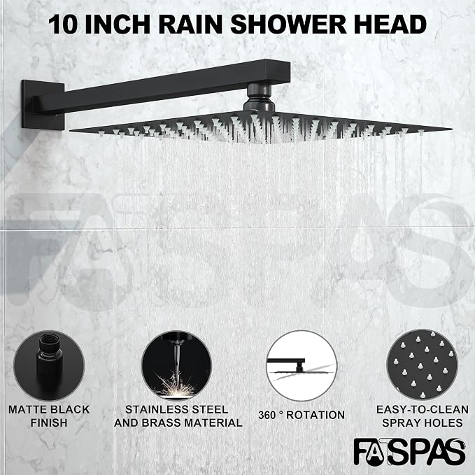 Matte Black Shower System with 10-Inch Rain Showerhead and Tub Spout | cUPC-certified pressure balance brass valve to prevent scalding, CEC-certified air injection technology for low pressure