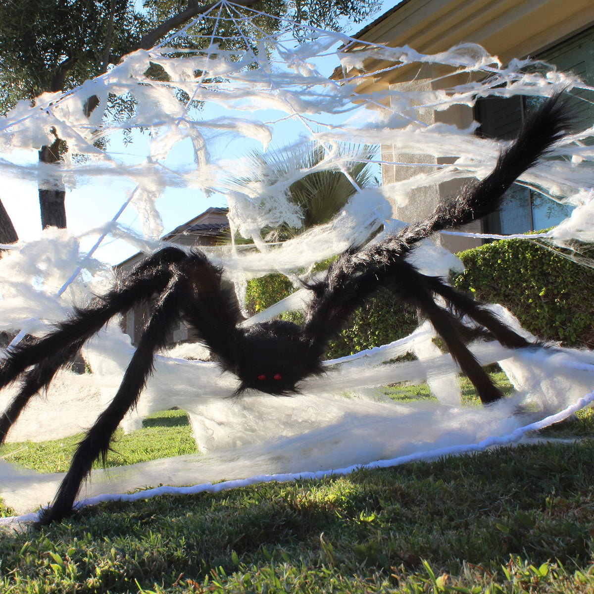 JOYIN Halloween Spider Web and 59'' Giant Spider, 16.4 x 15.7 Ft Large Triangular Web and Stretchy Cobweb 100g for Outdoor Decor, Spiderweb for Patio, Garden, Yard, Haunted House, Indoor Home Party