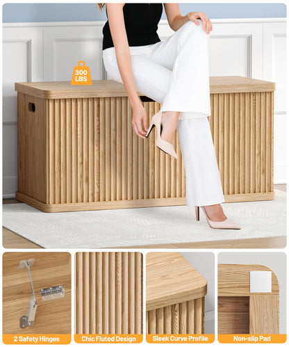 Akxomel Fluted Storage Chest with 2 Safety Hinges, 37.4" Wooden Storage Trunk, Natural Entryway Bench, for Living Room, Bedroom, Curved Profile, Easy Assembly, Natural Oak