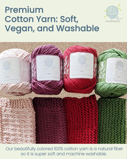 mindfulknits - Beginners Washcloth Knitting Kit - Includes 100% Cotton Knitting Yarn + Circular Knitting Needles & Yarn Needle (Flora Colored Cotton Yarn) - Mindful Crafting Kit