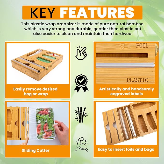 T3-R Bamboo Wrap Organizer - 6-in-1 Dispenser with Cutter for Sandwich Bags, Aluminum Foil, Wax Paper and Plastic Wrap