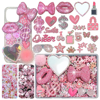Gehaiwo Pink Junk Case Charms Kit, Junks Phone Cases with Rhinestone Accessories and Full Diamond Bow Lips Dollar Sign Pom Resin Kits Mirror with DIY Phones Decorations