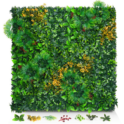Grass Wall Panels, 20"x20" 16pcs Artificial Grass Backdrop Wall with Tropical Leaves, UV-Anti Faux Greenery Plant Boxwood Panels for Privacy Fence Screen, Green Wall Decor for Outdoor Indoor