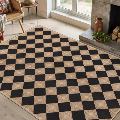 Dadasgk 5x7 Checkered Easy Jute Rug – Washable Non-Slip Indoor Outdoor Carpet, Black Textured Diamond Pattern, Neutral Area Rug for Living Room, Bedroom, Dining Room, Patio, Farmhouse Style