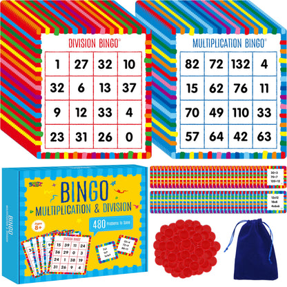 SpriteGru Multiplication & Division Bingo Game, 480 Math Problems, 2 Educational Math Board Game for Kindergarten and Preschool Kids 4-8, Perfect for Classroom & At Home (Up to 25 Players)